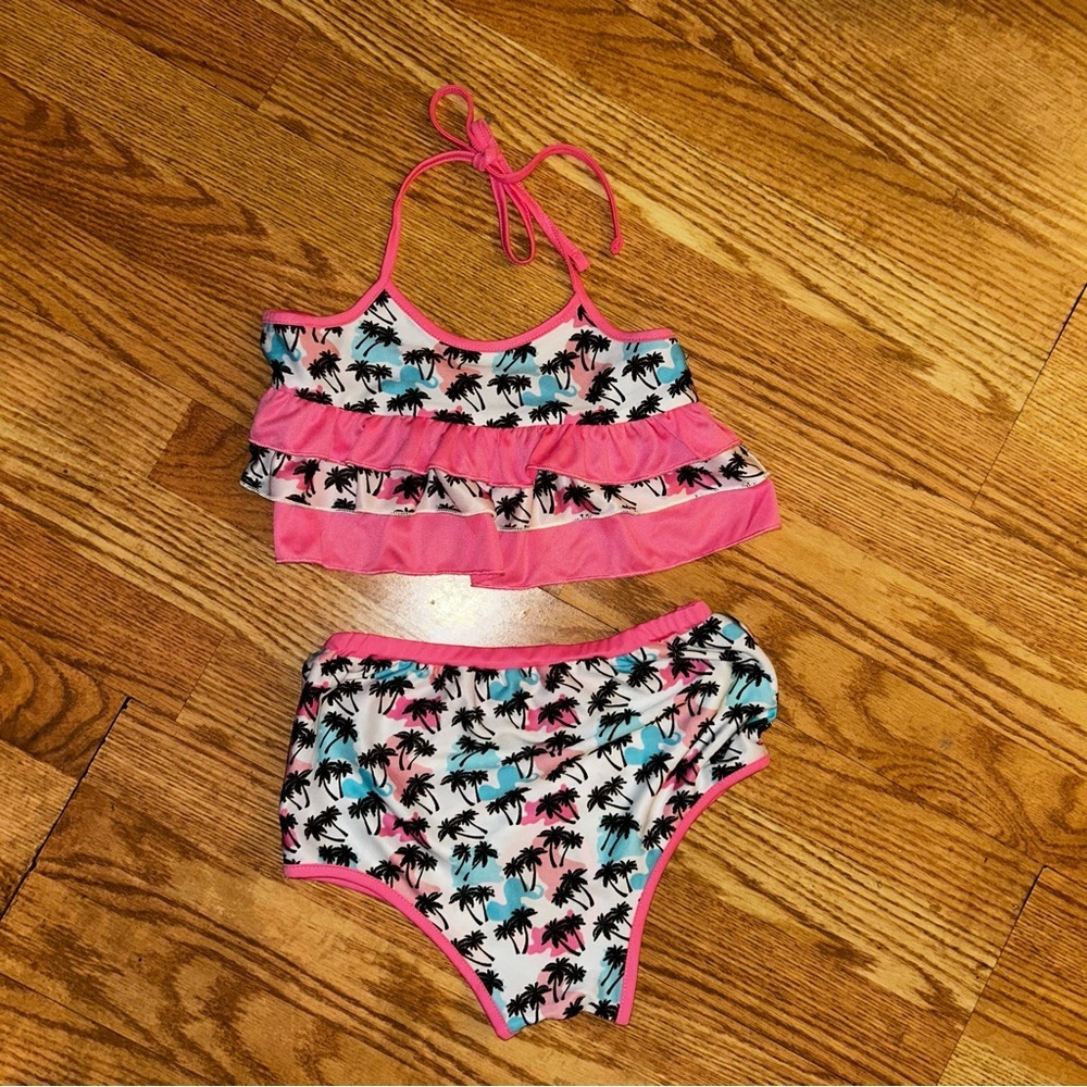 Dog Bikini Pink Blue & White With Palm Tree Print Size Large
